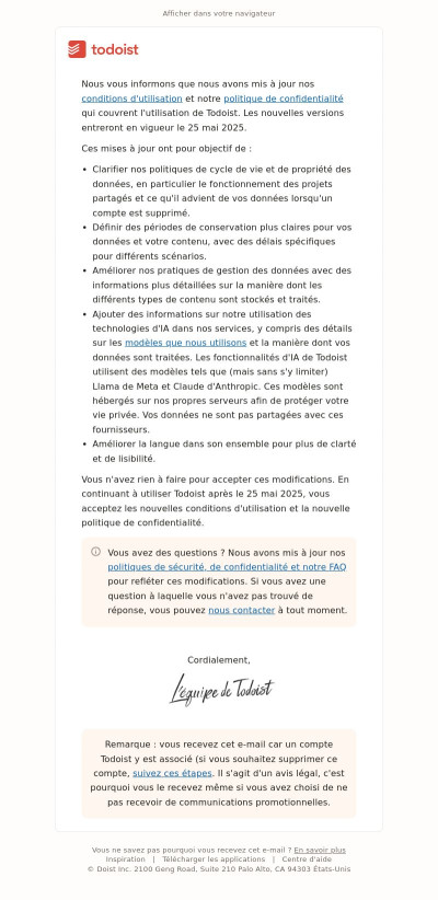 Mise à jour des conditions d'utilisation et la politique de confidentialité