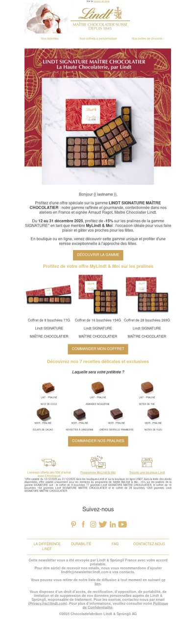 {{ lastname }}, découvrez notre offre exceptionnelle sur la gamme LINDT SIGNATURE MAÎTRE CHOCOLATIER !
