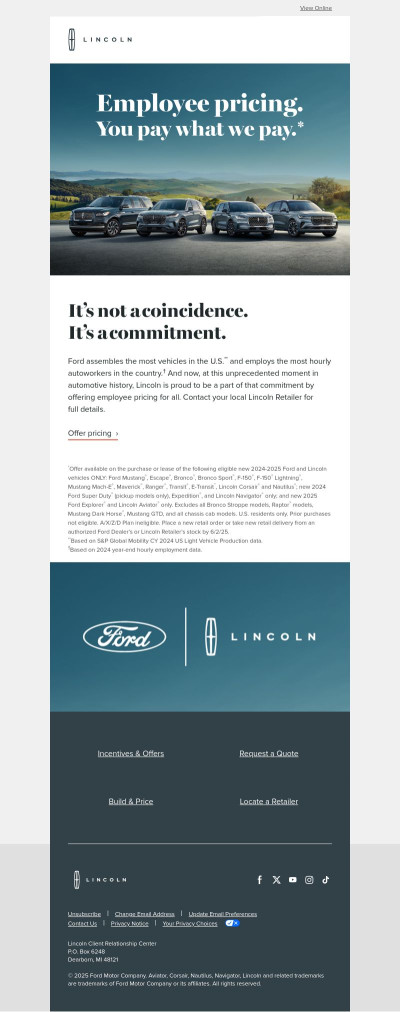 Employee pricing for all from Lincoln. You pay what we pay.