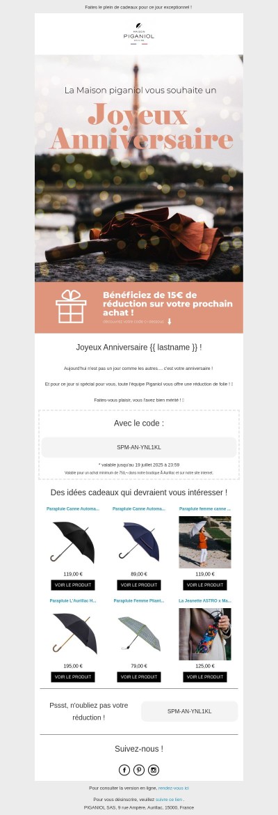  {{ lastname }}, 15€ de réduction pour votre anniversaire ! 