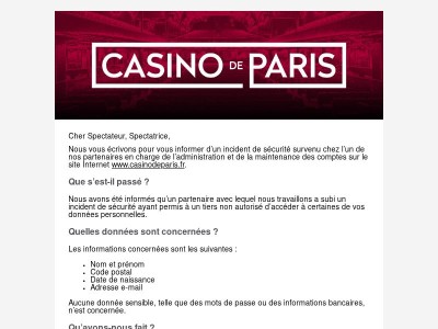 Incident de sécurité - site Internet du Casino de Paris