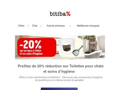 20 % de réduction sur une sélection de bacs à litière et produits d’hygiène pour chats