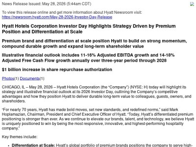 Hyatt Hotels Corporation Investor Day Highlights Strategy Driven by Premium Position and Differentiation at Scale