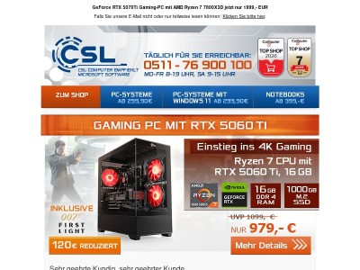RTX 5060Ti-16GB Gaming-PC mit AMD Ryzen 7 und 1000GB SSD nur 979,- EUR