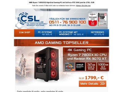 AMD Gaming Topseller: Ryzen 7 7800X3D PC mit Radeon 9070 XT für 1799,- EUR
