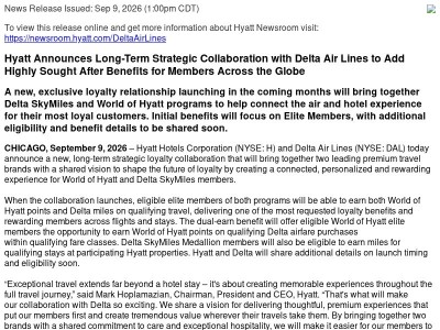 Hyatt Announces Long-Term Strategic Collaboration with Delta Air Lines to Add Highly Sought After Benefits for Members Across the Globe