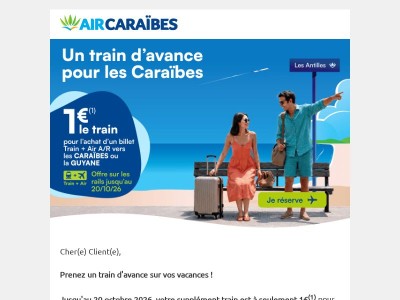 1€ le train vers les Caraïbes ou la Guyane  avec Train+Air !