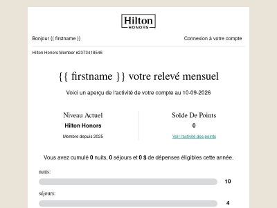 Votre relevé Hilton Honors pour septembre   