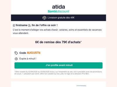 ⏰ Dernières heures : -6€ avec AUGUST6 ! 