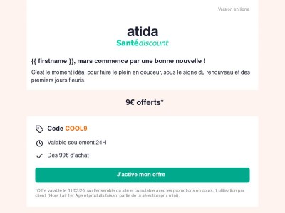 🌷 9€ offerts dès 99€ votre offre de mars !