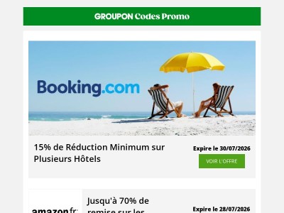 Booking.com -15% • Amazon jusqu'à -70% • Temu -30%