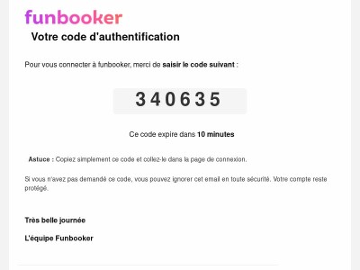 Votre code d'authentification Funbooker