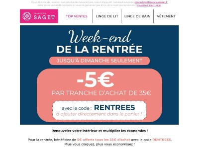 📢 OFFRE DE RENTREE : -5€ offerts tous les 35€ d'achat !