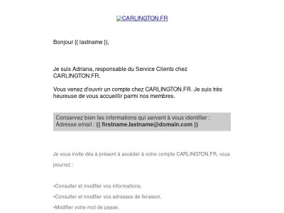 👋 {{ lastname }}, bienvenue chez CARLINGTON.FR ! ❤
