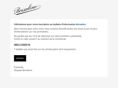 Borsalino: Félicitations pour votre inscription au bulletin d’information Borsalino.