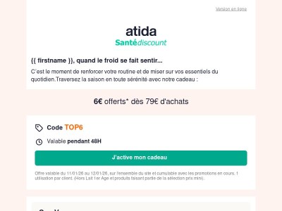 🌡️ Les températures chutent : 6€ offerts dès 79€ !