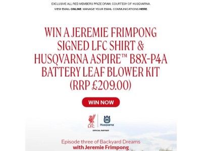 Win a Jeremie Frimpong Signed LFC Shirt & Husqvarna Battery Leaf Blower Kit