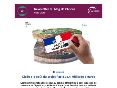 Newsletter de l'Andra : Cigéo le coût du projet fixé à 33.4 milliards d'euros