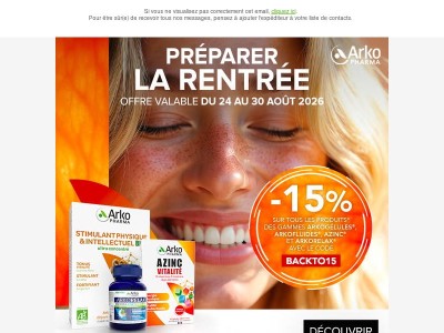 Préparez votre rentrée : -15% sur les gammes Arkogélules®, Arkofluides®, Azinc® et Arkorelax®