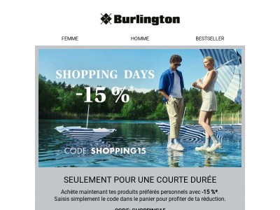 -15 %* aux Burlington Shopping Days ! 🛍