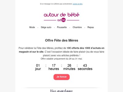 Pour la Fête des Mères : 10€ offerts dès 100€ d’achats, jusqu’au 31 mai