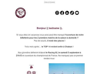 🎟️ La billetterie est toujours ouverte pour les deux premiers matchs de Top 14 à la maison !
