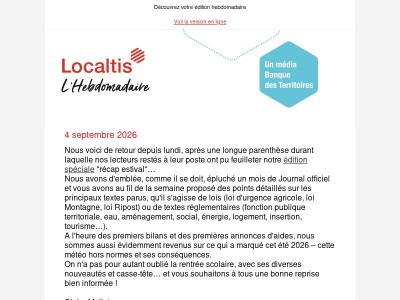 L'Hebdo Localtis du vendredi 4 septembre 2026