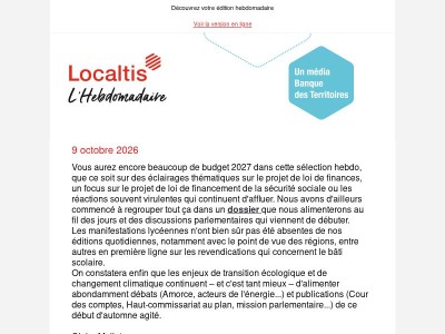 L'Hebdo Localtis du vendredi 9 octobre 2026