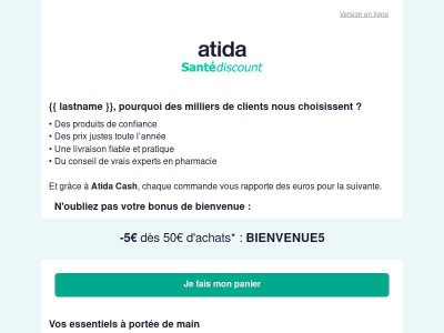 {{ lastname }},  5€ offerts pour passer votre première commande !