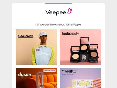 Bonjour {{ lastname }}, aujourd'hui Napapijri, Huda Beauty, Dyson et 21 autres ventes sur Veepee