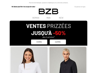 Jusqu'à -50% dès 2 articles 🔥 Ventes Prizzées : derniers jours !