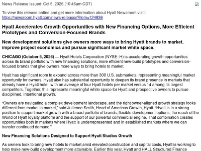 Hyatt Accelerates Growth Opportunities with New Financing Options, More Efficient Prototypes and Conversion-Focused Brands